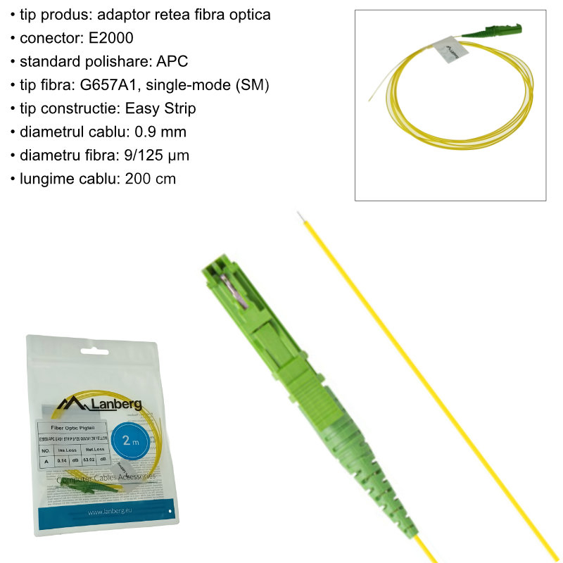 Adaptor retea fibra optica coada/Pigtail cu conector E2000/APC, lungime 2m, Lanberg 43354, Easy Strip SM OS2 G657A1, galben [6]