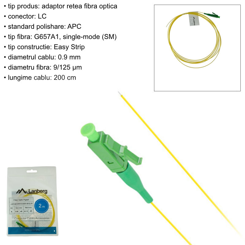 Adaptor retea fibra optica coada/Pigtail cu conector LC/APC, lungime 2m, Lanberg 43348, Easy Strip SM OS2 G657A1, galben [6]