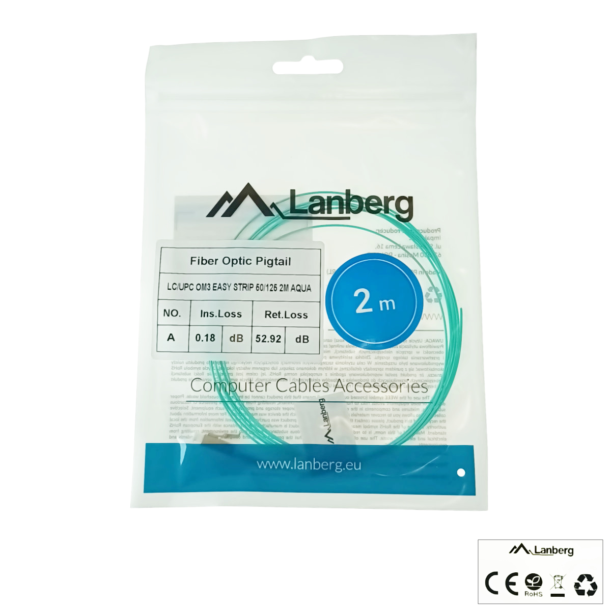 Adaptor retea fibra optica coada/Pigtail cu conector LC/UPC, lungime 2m, Lanberg 43358, Easy Strip MM OM3, turcoaz [4]