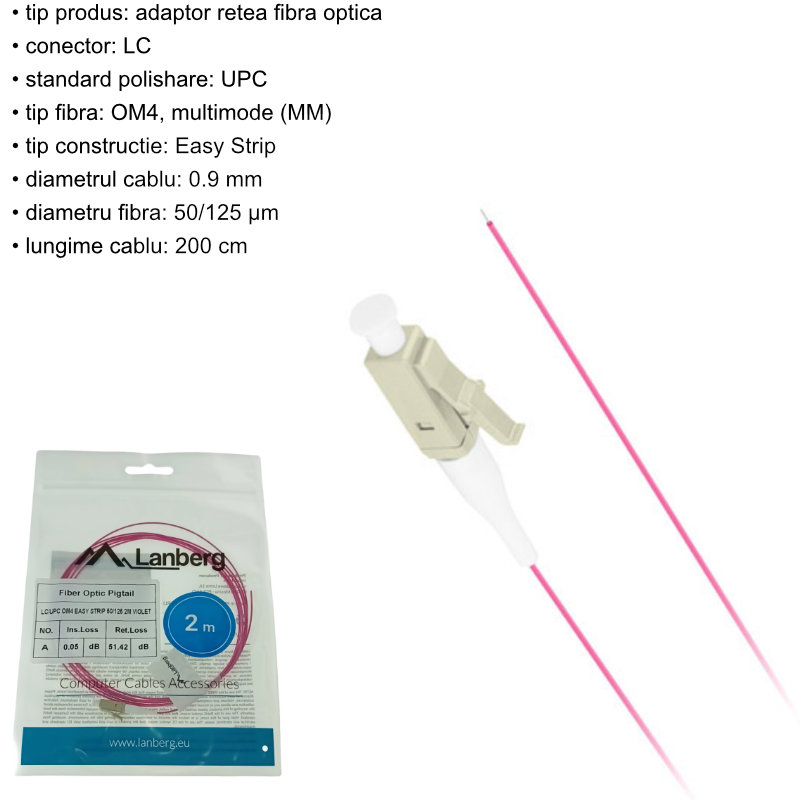 Adaptor retea fibra optica coada/Pigtail cu conector LC/UPC, lungime 2m, Lanberg 43359, Easy Strip MM OM4, violet [5]