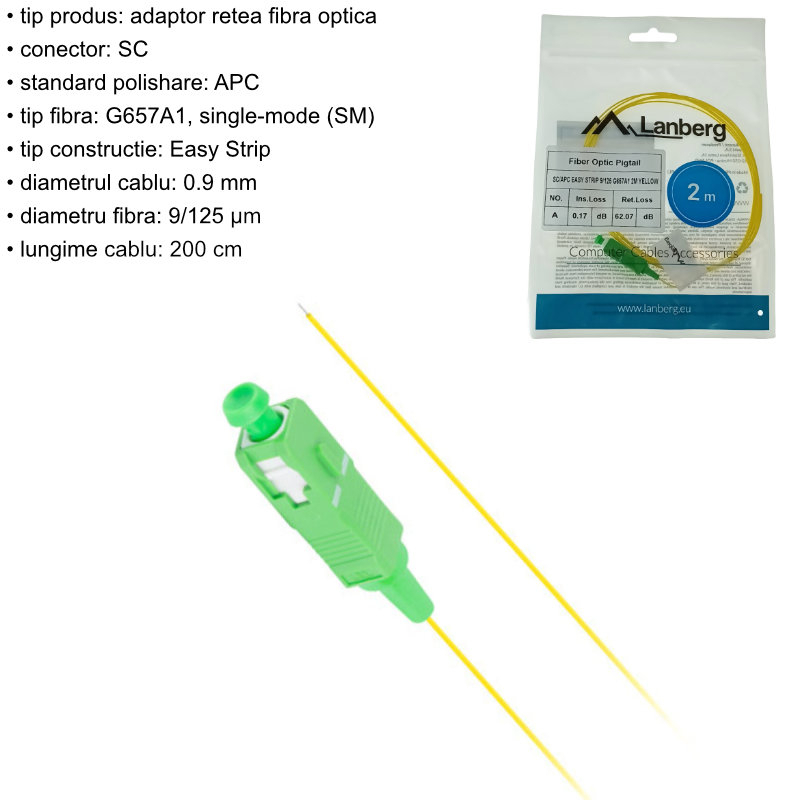 Adaptor retea fibra optica coada/Pigtail cu conector SC/APC, lungime 2m, Lanberg 43351, Easy Strip SM G657A1, galben [5]