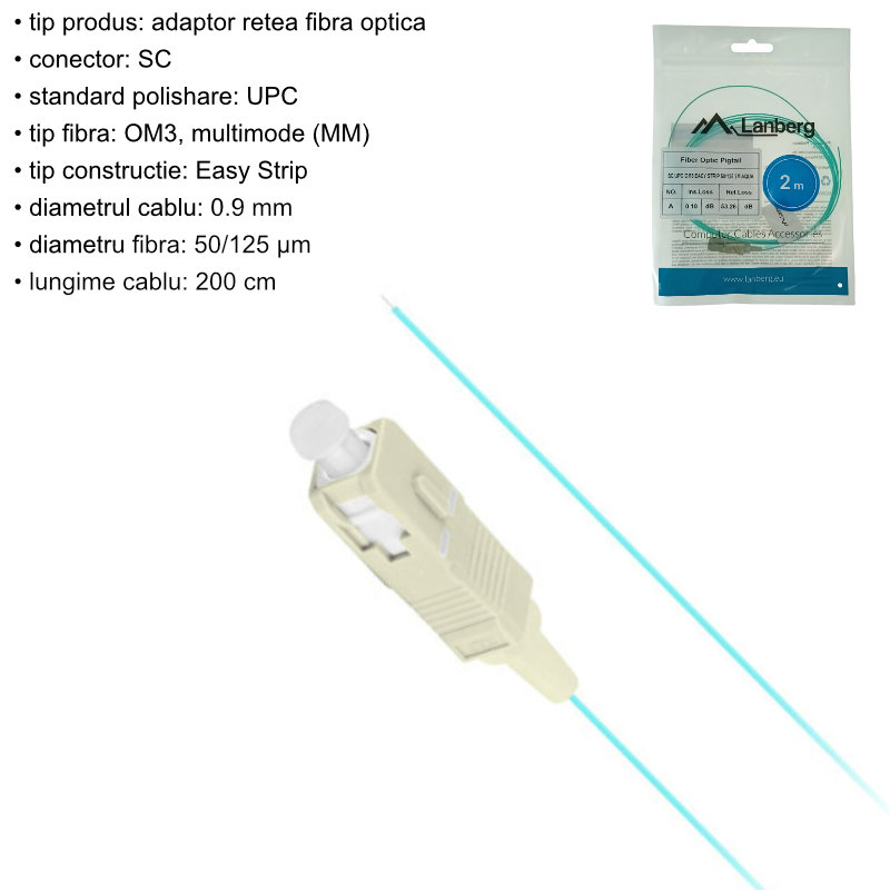 Adaptor retea fibra optica coada/Pigtail cu conector SC/UPC, lungime 2m, Lanberg 43355, Easy Strip MM OM3, turcoaz [5]