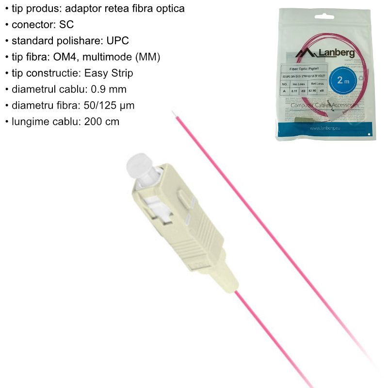 Adaptor retea fibra optica coada/Pigtail cu conector SC/UPC, lungime 2m, Lanberg 43357, Easy Strip MM OM4, violet [5]