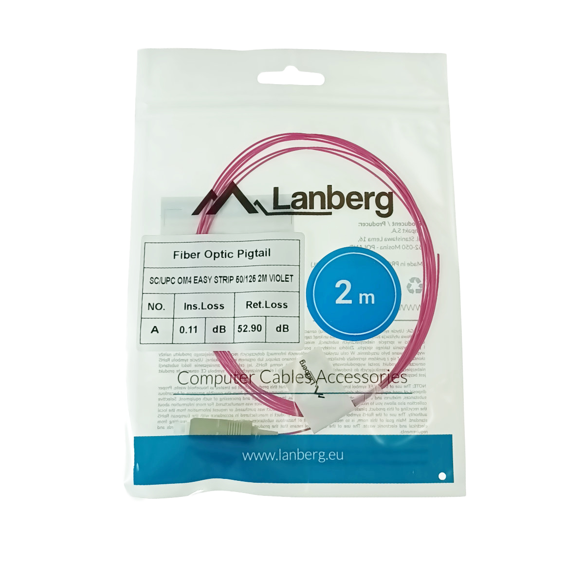 Adaptor retea fibra optica coada/Pigtail cu conector SC/UPC, lungime 2m, Lanberg 43357, Easy Strip MM OM4, violet [4]