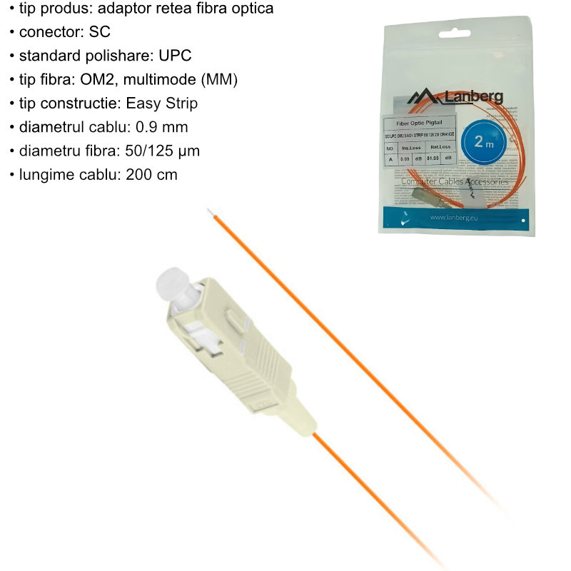 Adaptor retea fibra optica coada/Pigtail cu conector SC/UPC, lungime 2m, Lanberg 43366, Easy Strip MM OM2, portocaliu [5]