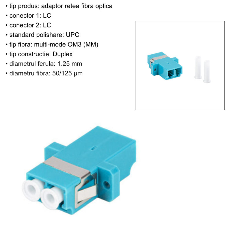 Adaptor retea fibra optica cu conectori LC/UPC, Lanberg 43375, MM DUPLEX OM3, turcoaz [6]