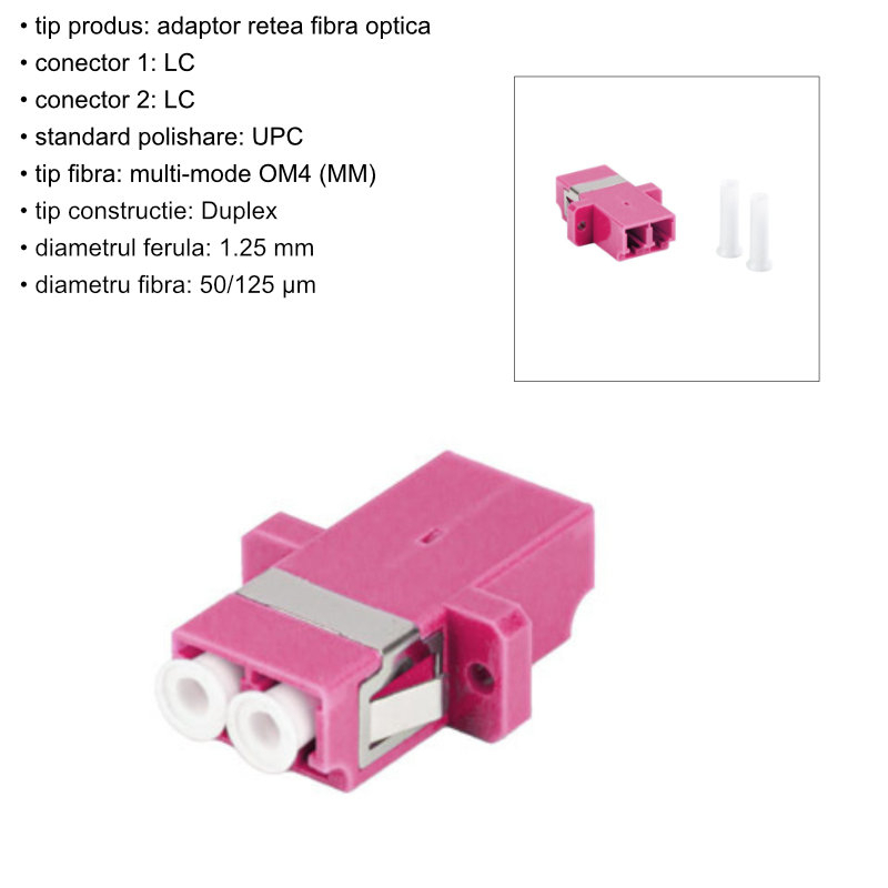 Adaptor retea fibra optica cu conectori LC/UPC, Lanberg 43377, MM DUPLEX OM4, violet [6]