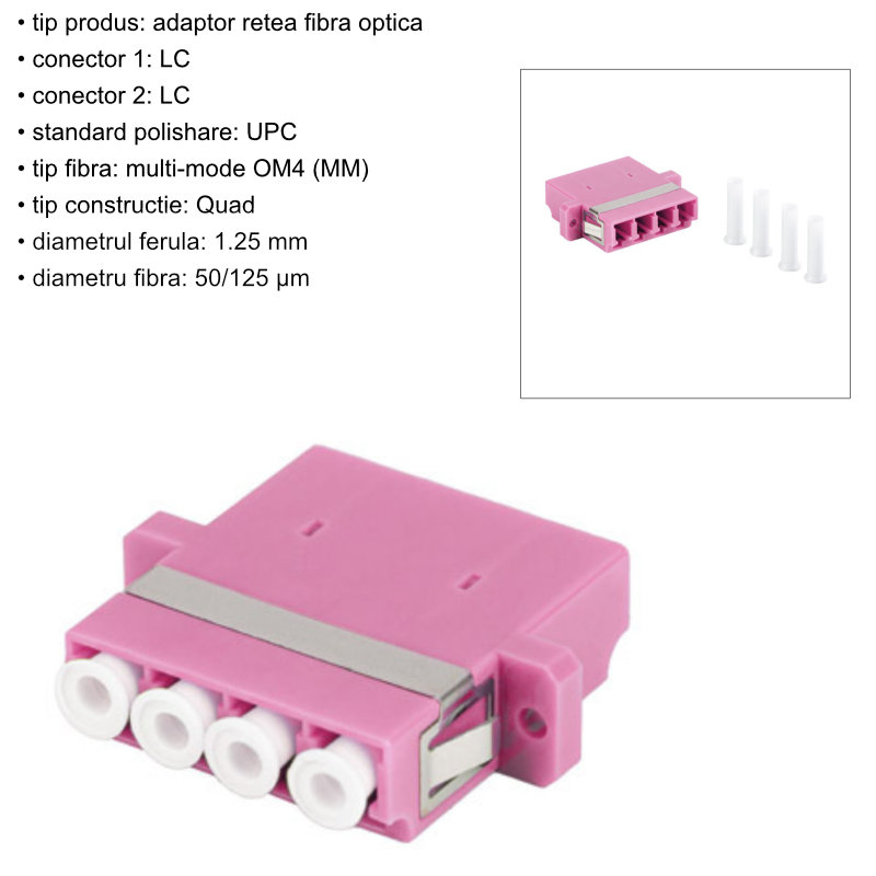 Adaptor retea fibra optica cu conectori LC/UPC, Lanberg 43378, MM QUAD OM4, violet [6]