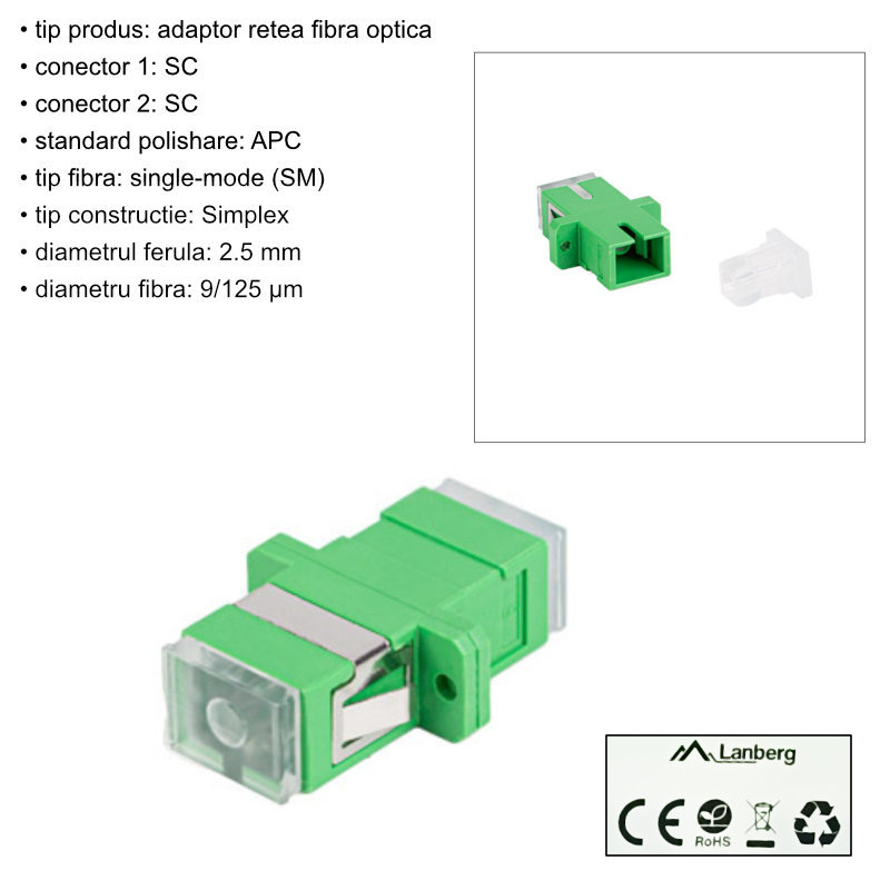 Adaptor retea fibra optica cu conectori SC/APC, Lanberg 43380, SM SIMPLEX, cu capace transparente, verde [6]
