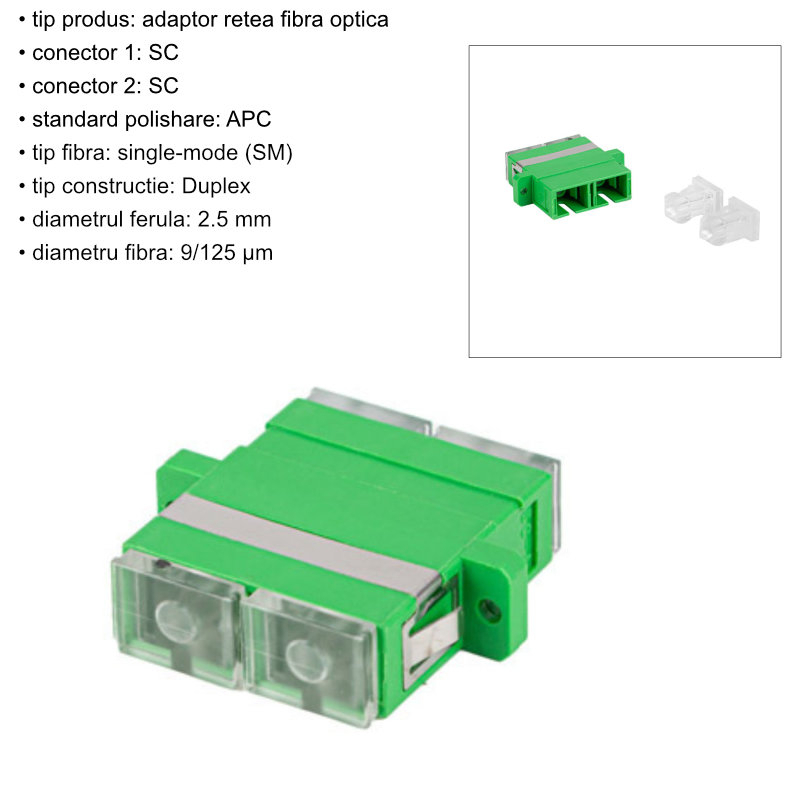 Adaptor retea fibra optica cu conectori SC/APC, Lanberg 43381, SM DUPLEX, capace transparente, verde [6]
