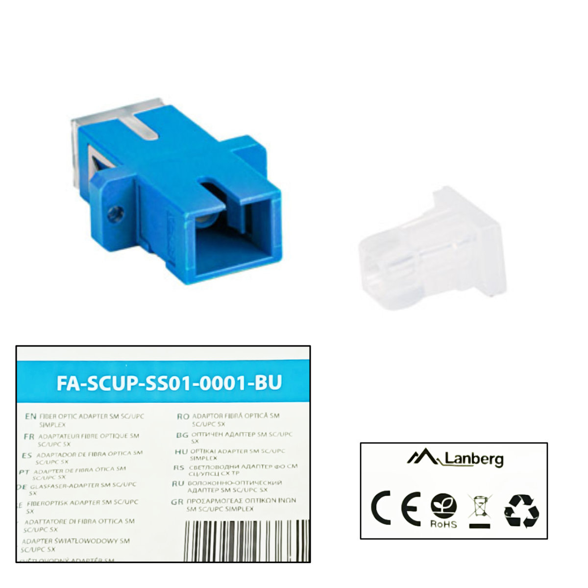 Adaptor retea fibra optica cu conectori SC/UPC, Lanberg 43366, SM SIMPLEX, capace transparente, albastru [5]