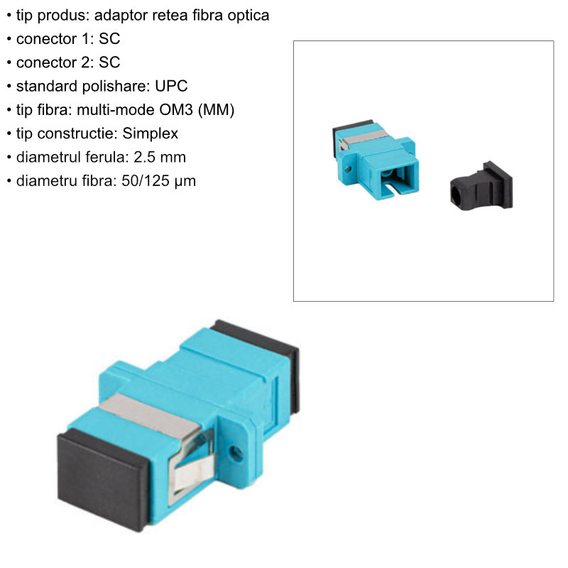 Adaptor retea fibra optica cu conectori SC/UPC, Lanberg 43368, MM SIMPLEX OM3, cu capace negre, turcoaz [6]