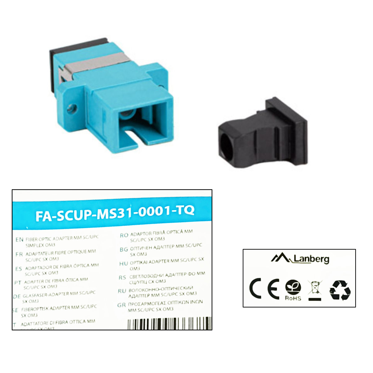 Adaptor retea fibra optica cu conectori SC/UPC, Lanberg 43368, MM SIMPLEX OM3, cu capace negre, turcoaz [5]