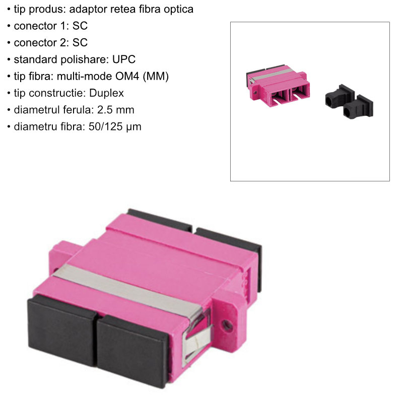 Adaptor retea fibra optica cu conectori SC/UPC, Lanberg 43370, MM DUPLEX OM4, cu capace negre, violet [6]