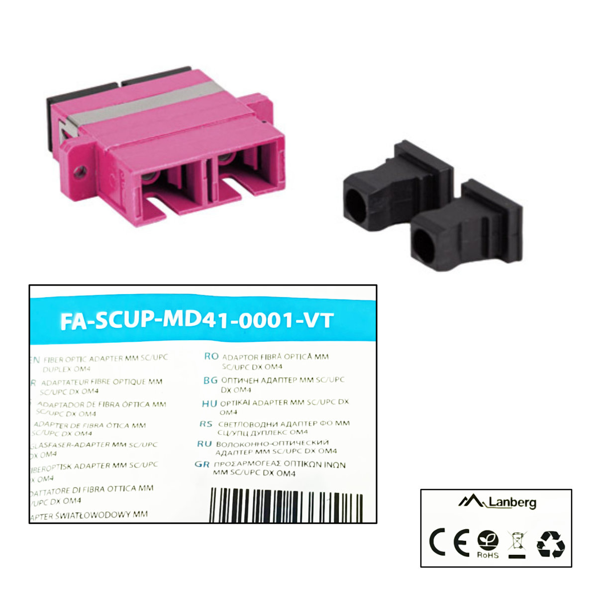 Adaptor retea fibra optica cu conectori SC/UPC, Lanberg 43370, MM DUPLEX OM4, cu capace negre, violet [5]