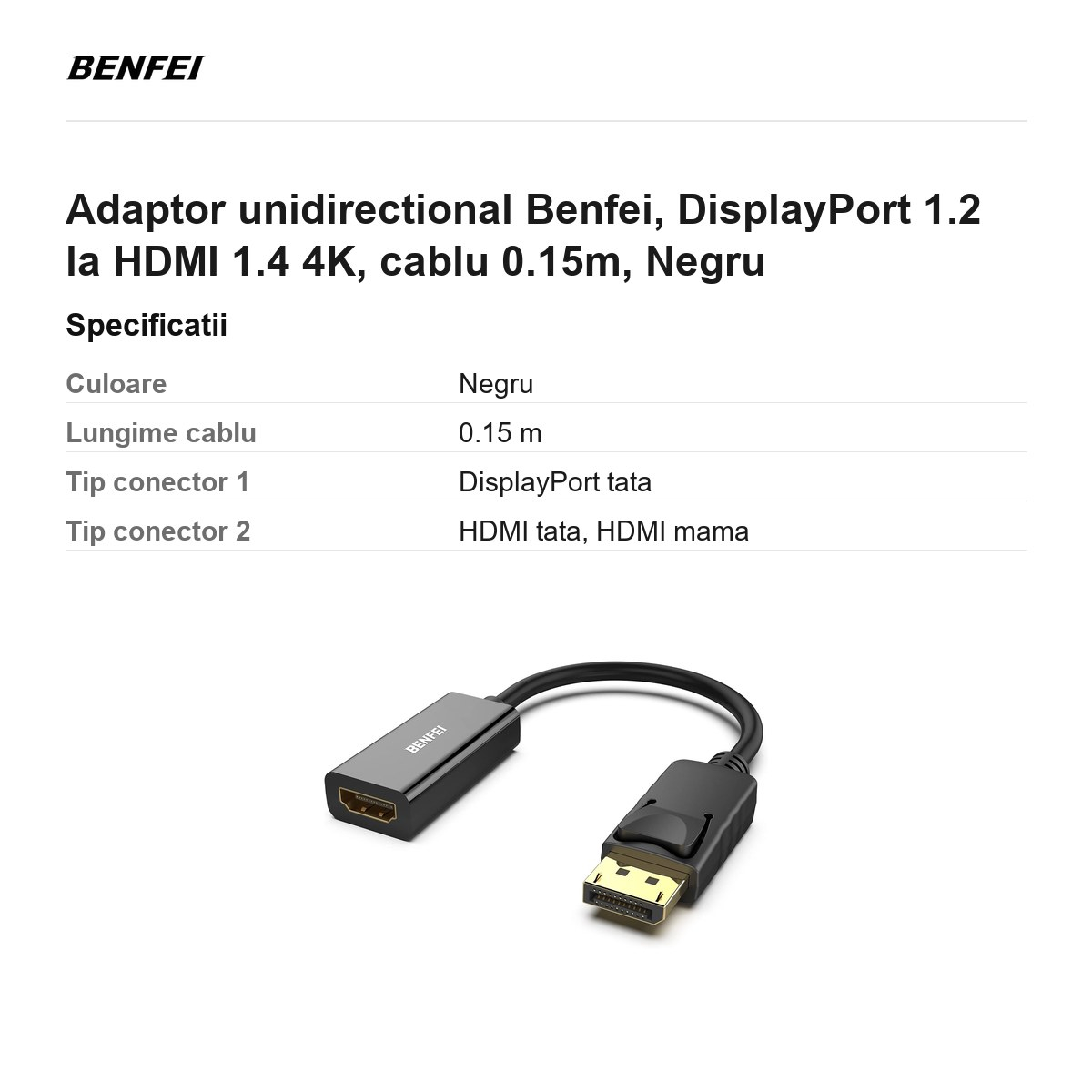 Adaptor unidirectional Benfei, DisplayPort 1.2 la HDMI 1.4 4K, cablu 0.15m, Negru [3]