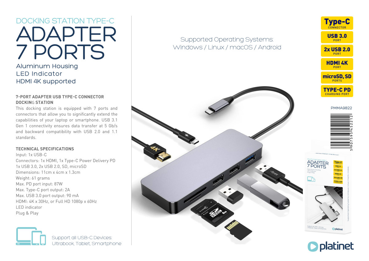 Adaptor USB 3.0 tip C multifunctional 7 in 1, Platinet 45221, HDMI 4K, USB-C PD, cititor card micro/SD, HUB 3 port USB [18]