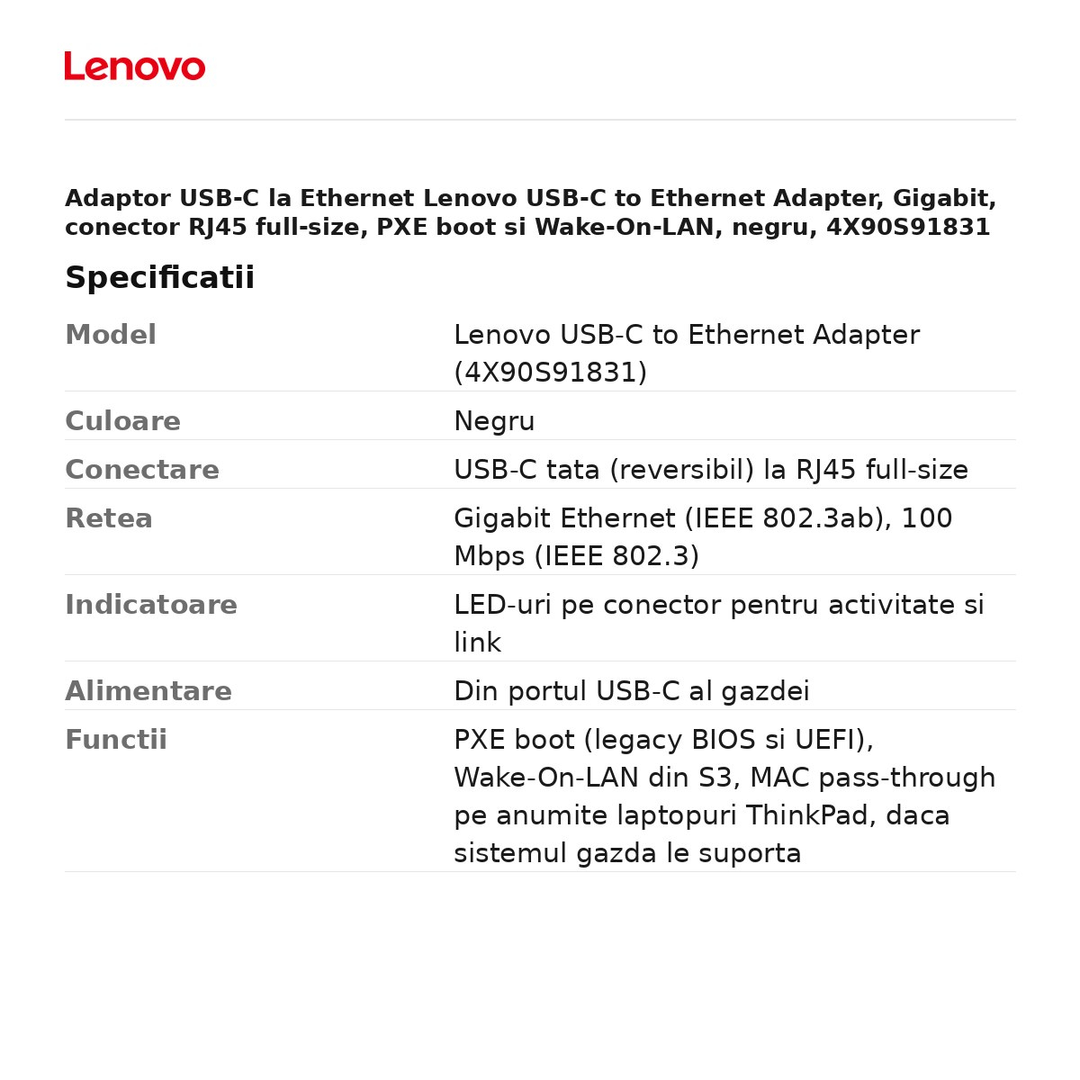 Adaptor USB-C la Ethernet Lenovo USB-C to Ethernet Adapter, Gigabit, conector RJ45 full-size, PXE boot si Wake-On-LAN, negru, 4X90S91831 [3]