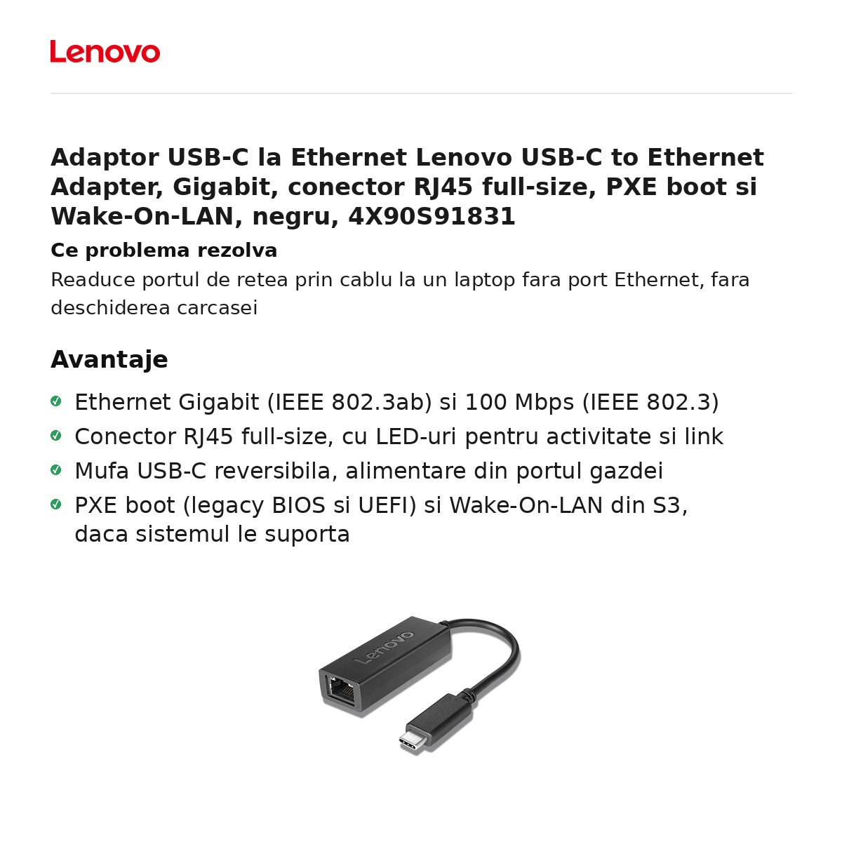 Adaptor USB-C la Ethernet Lenovo USB-C to Ethernet Adapter, Gigabit, conector RJ45 full-size, PXE boot si Wake-On-LAN, negru, 4X90S91831 [2]