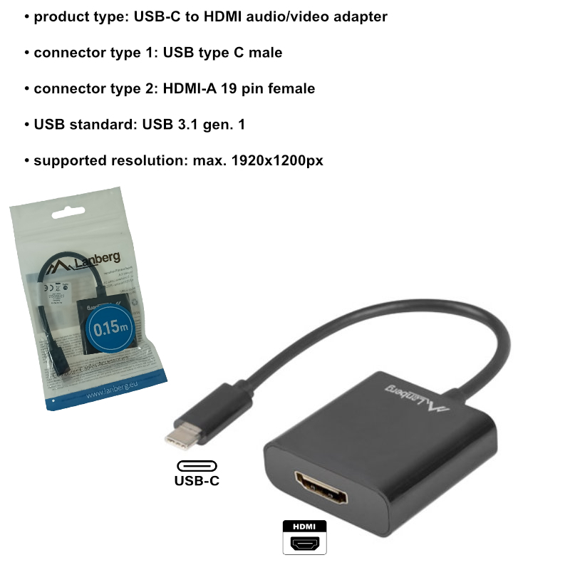 Adaptor USB-C tata la HDMI mama, Lanberg 41848, interfata USB 3.1 gen.1, FHD, 2.7Gbps, cablu 15cm, negru [5]