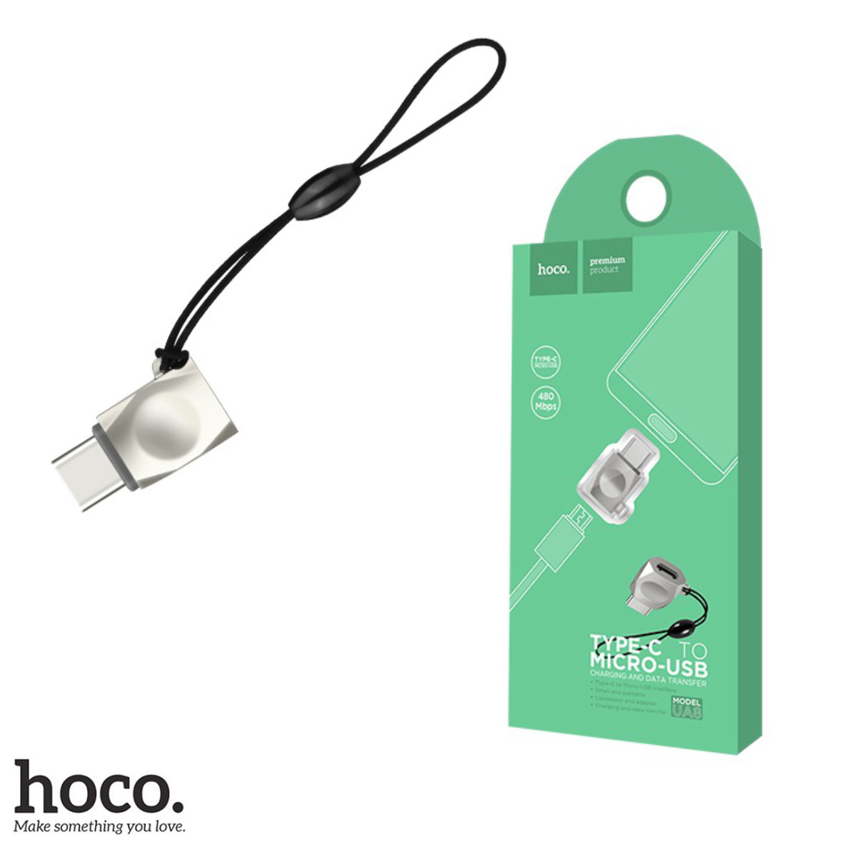 Adaptor USB tip C tata la microUSB mama, HOCO UA8, carcasa aliaj de zinc, cu snur elastic, argintiu [4]