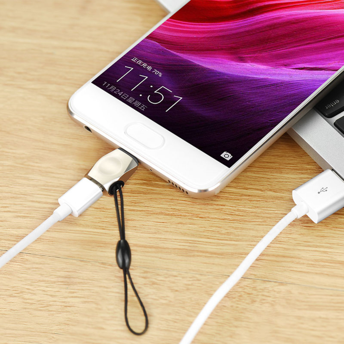 Adaptor USB tip C tata la microUSB mama, HOCO UA8, carcasa aliaj de zinc, cu snur elastic, argintiu [5]