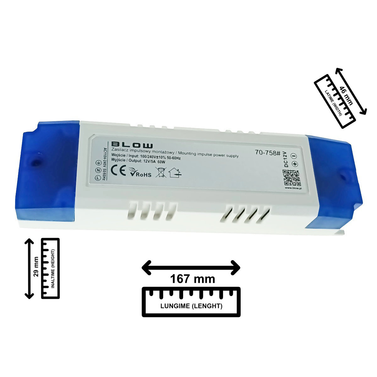 Alimentator compact pentru LED-uri, 220V la 12V-5A, 60W, Blow 12728, alb cu albastru [2]