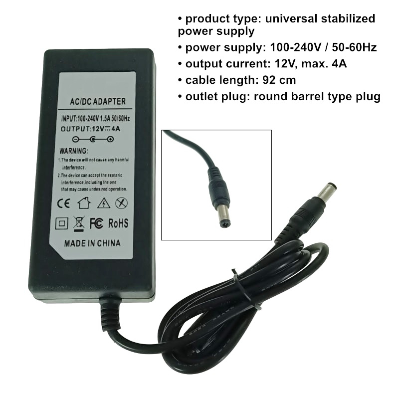 Alimentator stabilizat 12V, 4A-4000Ma, 100-240V, cablu de 92cm, led indicator, universal, negru [7]