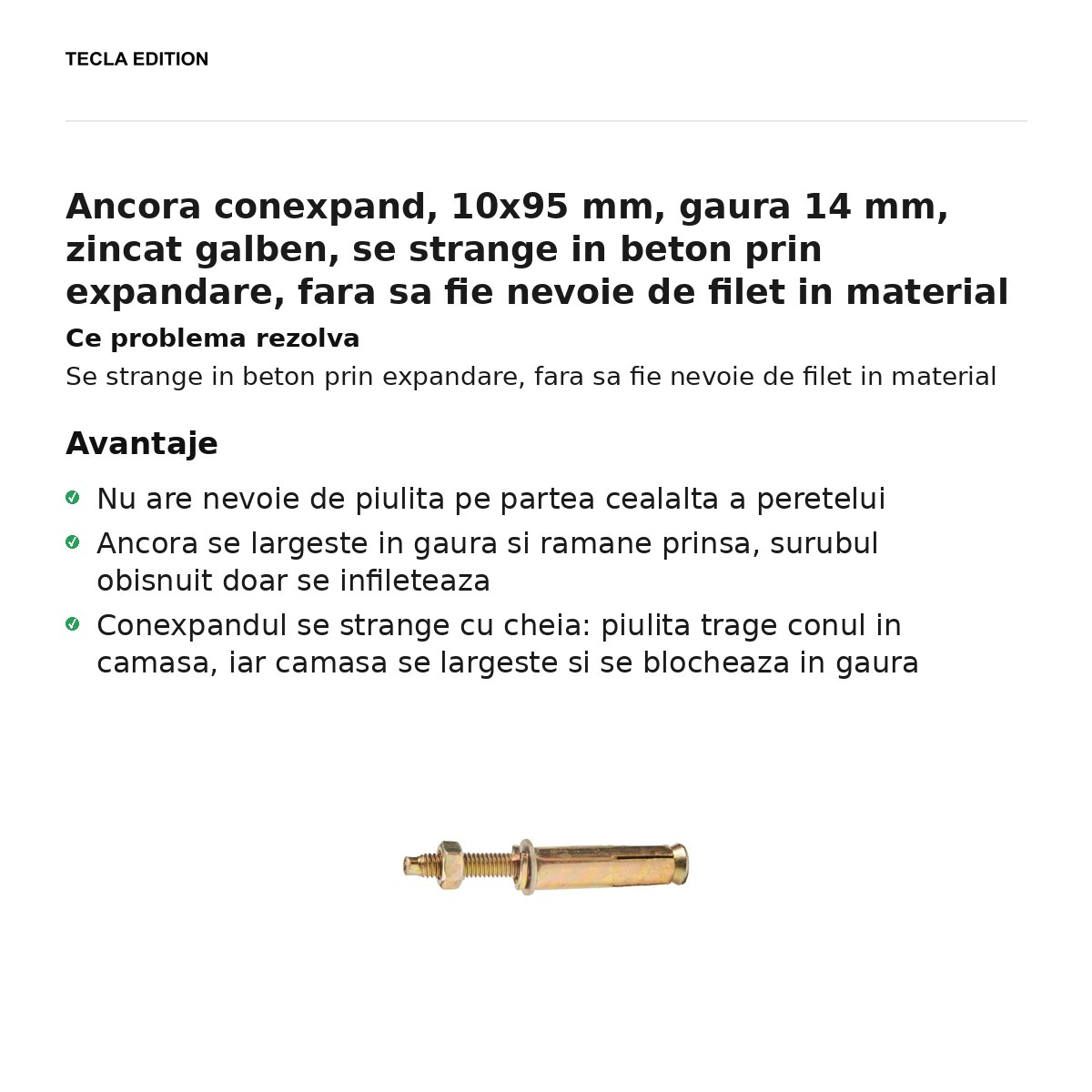 Ancora conexpand, 10x95 mm, gaura 14 mm, zincat galben, se strange in beton prin expandare, fara sa fie nevoie de filet in material [2]
