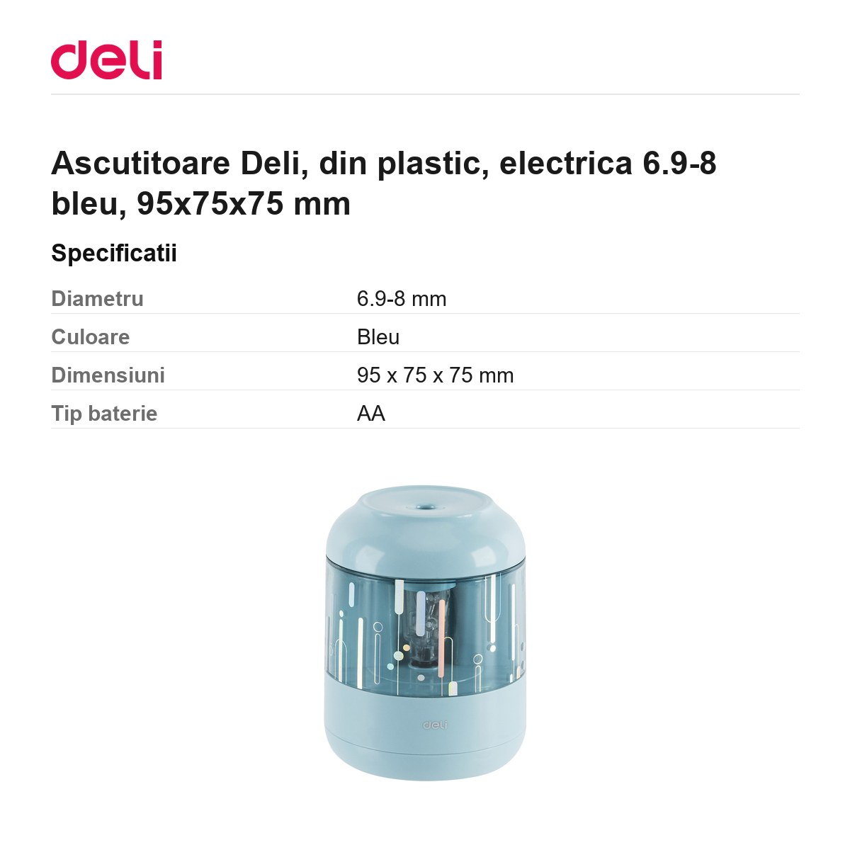 Ascutitoare Deli, din plastic, electrica 6.9-8 bleu, 95x75x75 mm [3]