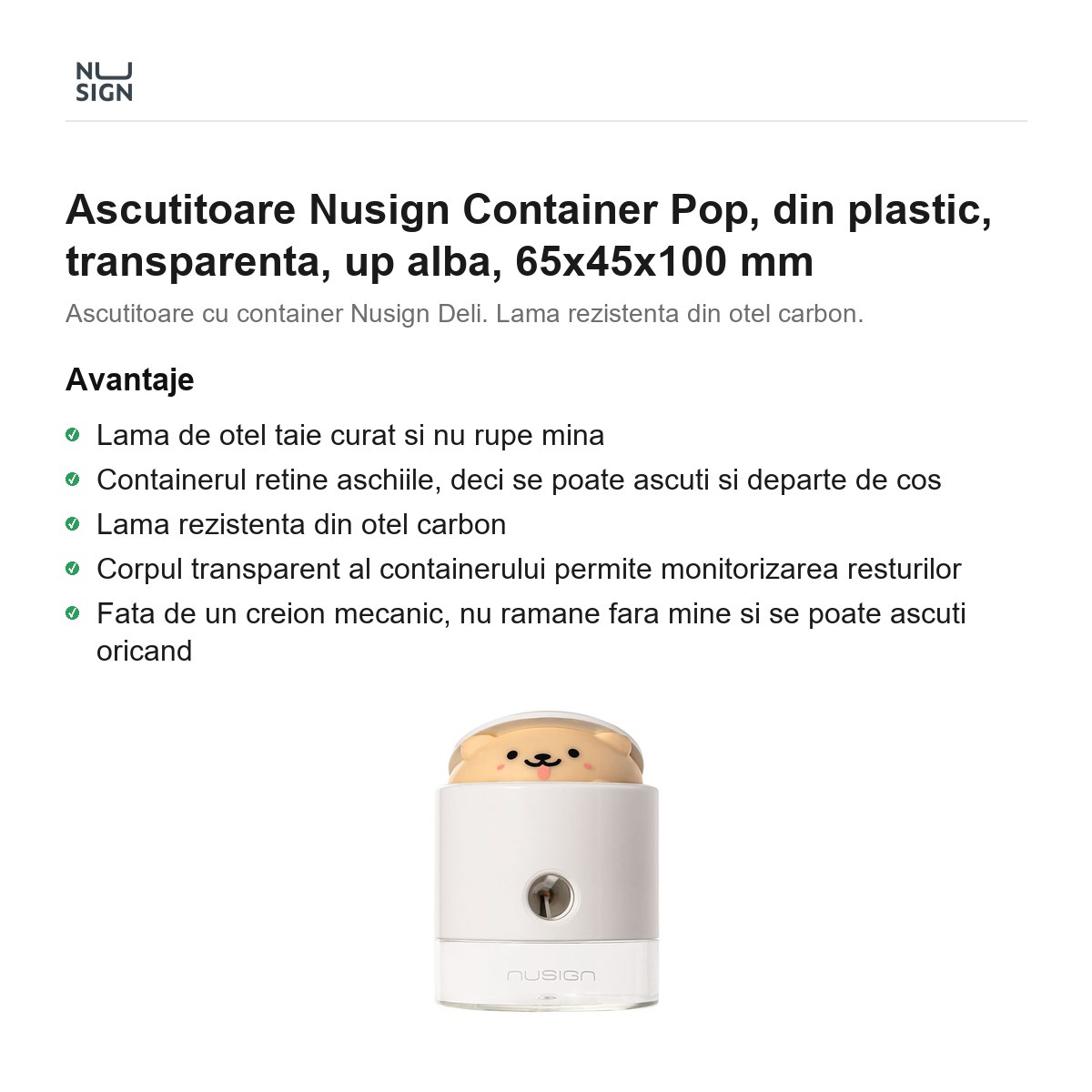 Ascutitoare Nusign Container Pop, din plastic, transparenta, up alba, 65x45x100 mm [2]