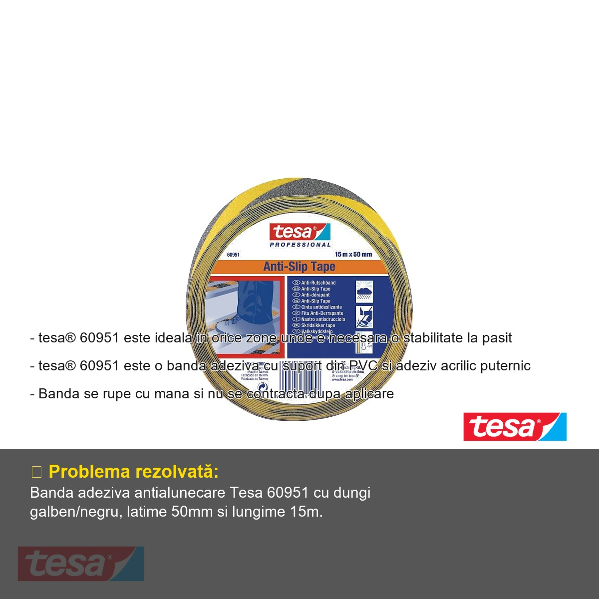 Banda adeziva antialunecare Tesa 60951, dungi galben/negru, rezistenta 2 ani, 50mm x 15m, pentru spatii industriale [4]
