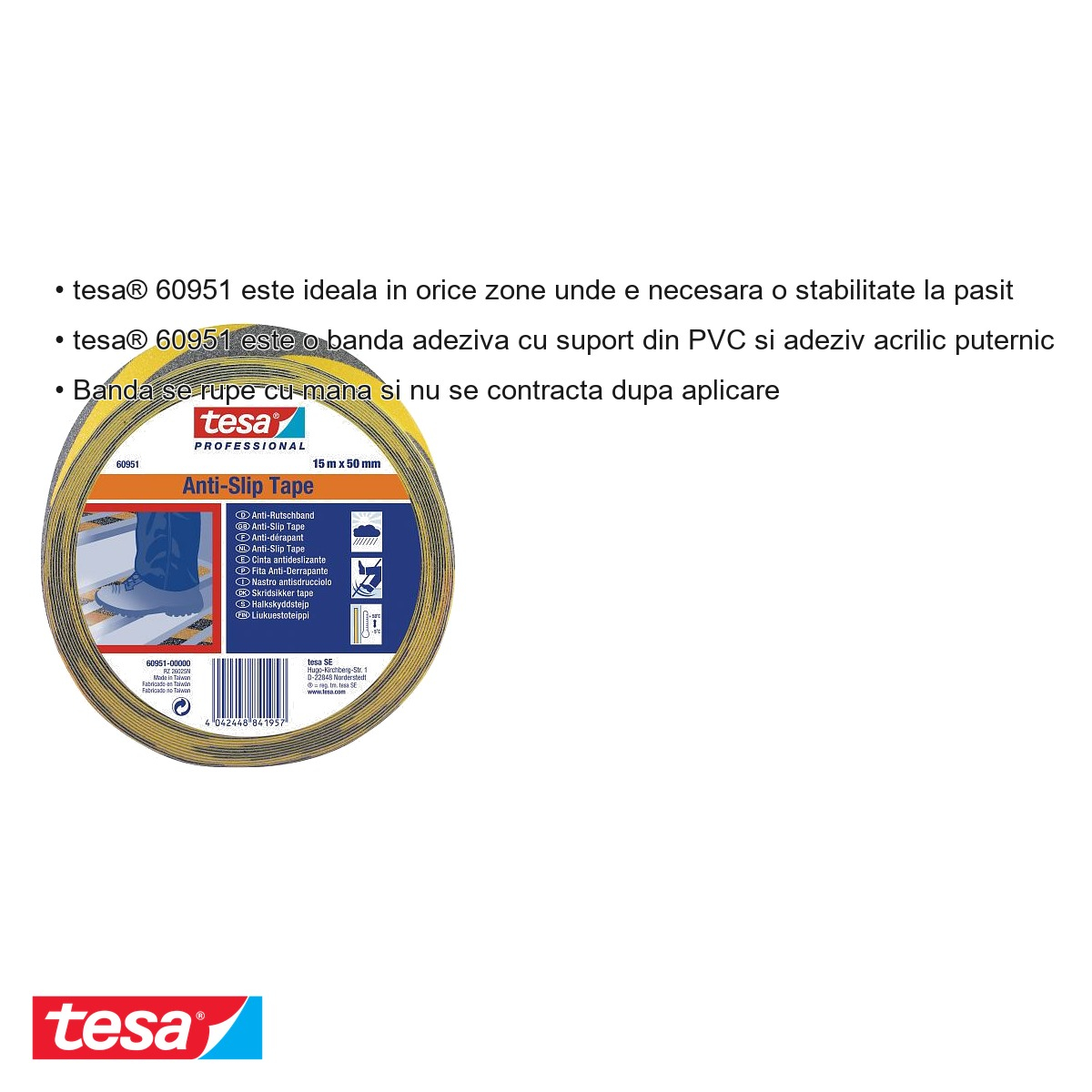Banda adeziva antialunecare Tesa 60951, dungi galben/negru, rezistenta 2 ani, 50mm x 15m, pentru spatii industriale [5]