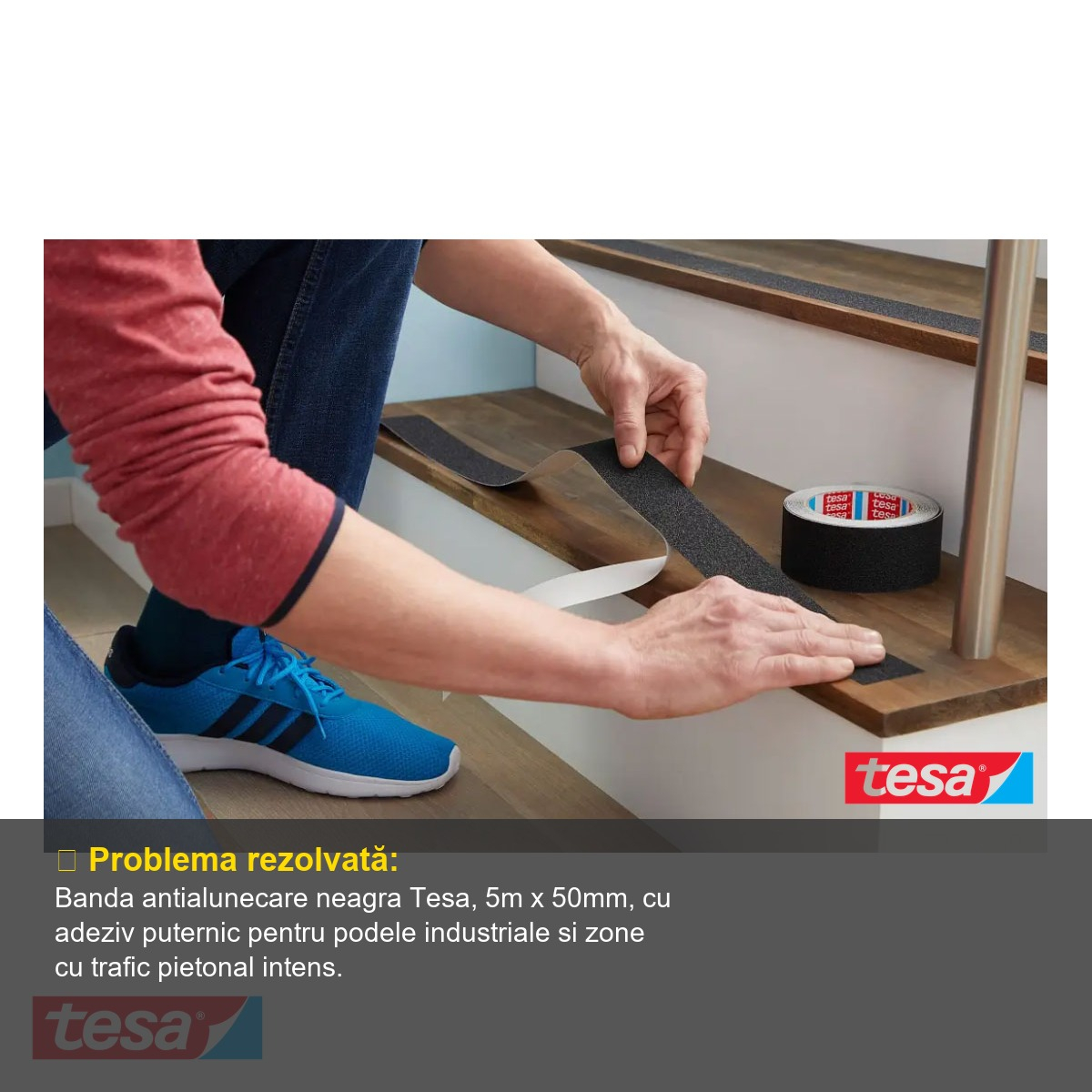 Banda adeziva antialunecare Tesa Anti Slip Professional, neagra, 5m x 50mm, pentru podele industriale [8]