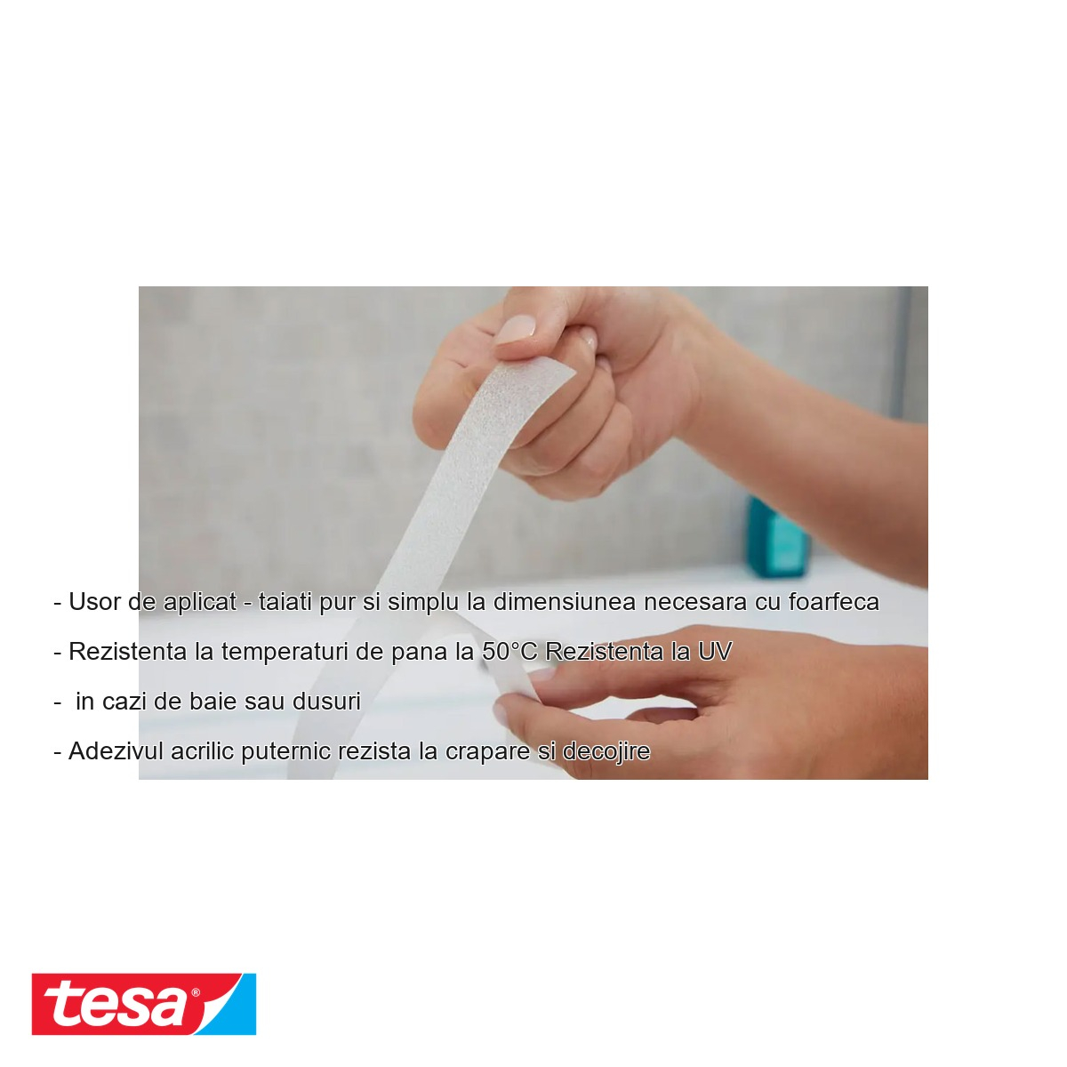 Banda adeziva antialunecare Tesa, transparenta, rezistenta la apa, pentru baie si dus, 5 m x 25 mm [4]