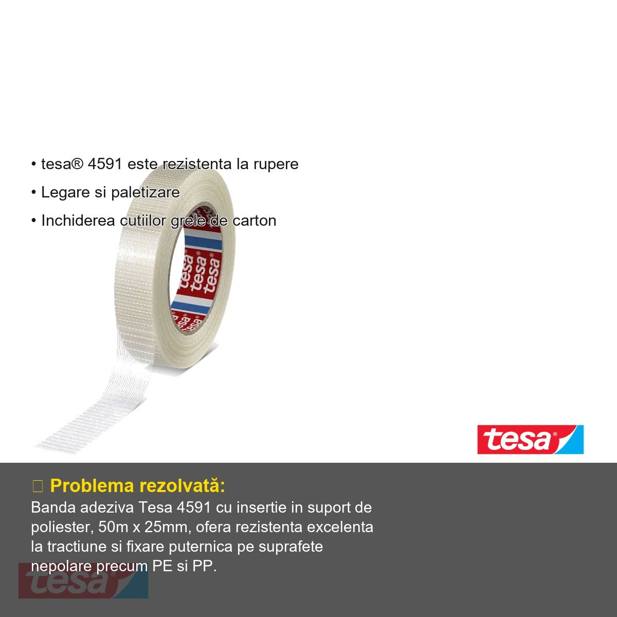 Banda adeziva bidirectionala cu insertie Tesa 4591, rezistenta la tractiune, pentru ambalare si paletizare, 50m x 25mm [5]