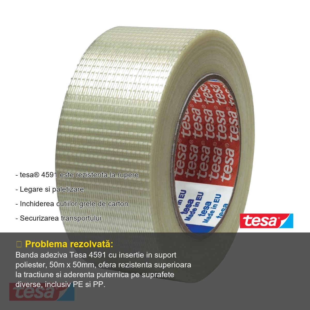 Banda adeziva bidirectionala cu insertie Tesa 4591, rezistenta la tractiune, pentru ambalare si paletizare, 50m x 50mm [4]