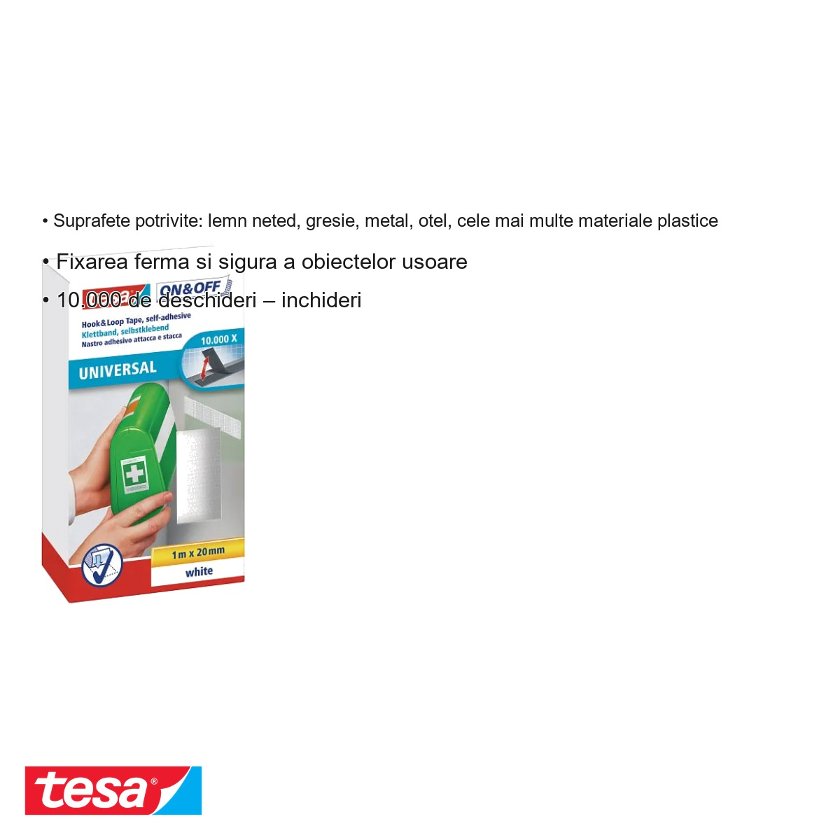 Banda adeziva cu arici Tesa On & Off, alba, 1m x 20mm, reutilizabila, pentru birou si uz casnic [3]