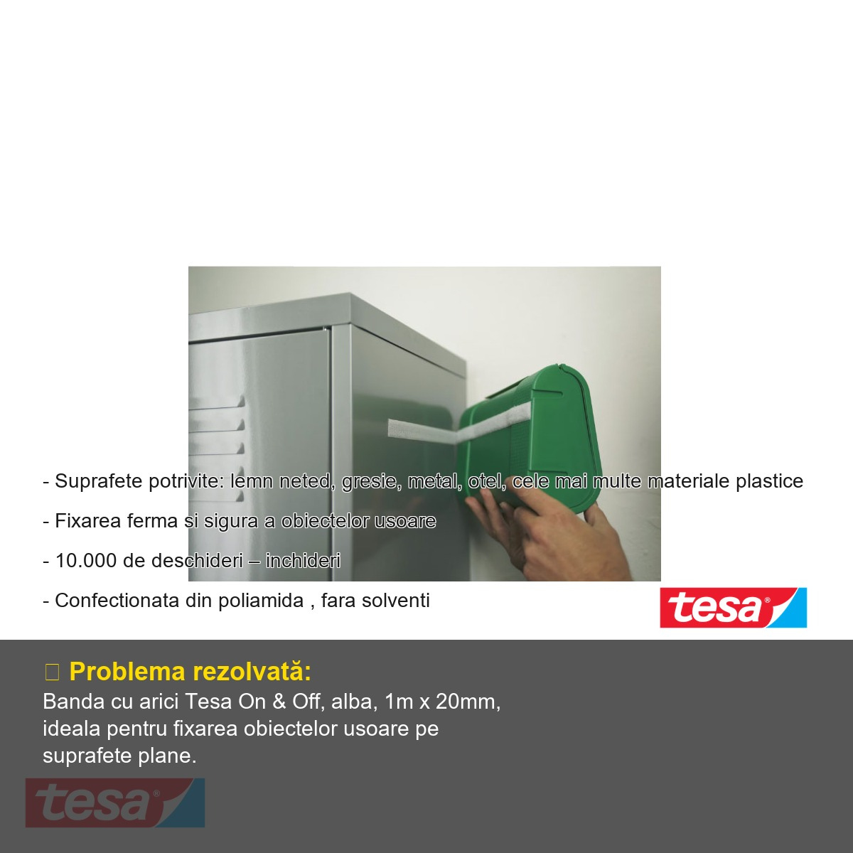 Banda adeziva cu arici Tesa On & Off, alba, 1m x 20mm, reutilizabila, pentru birou si uz casnic [2]