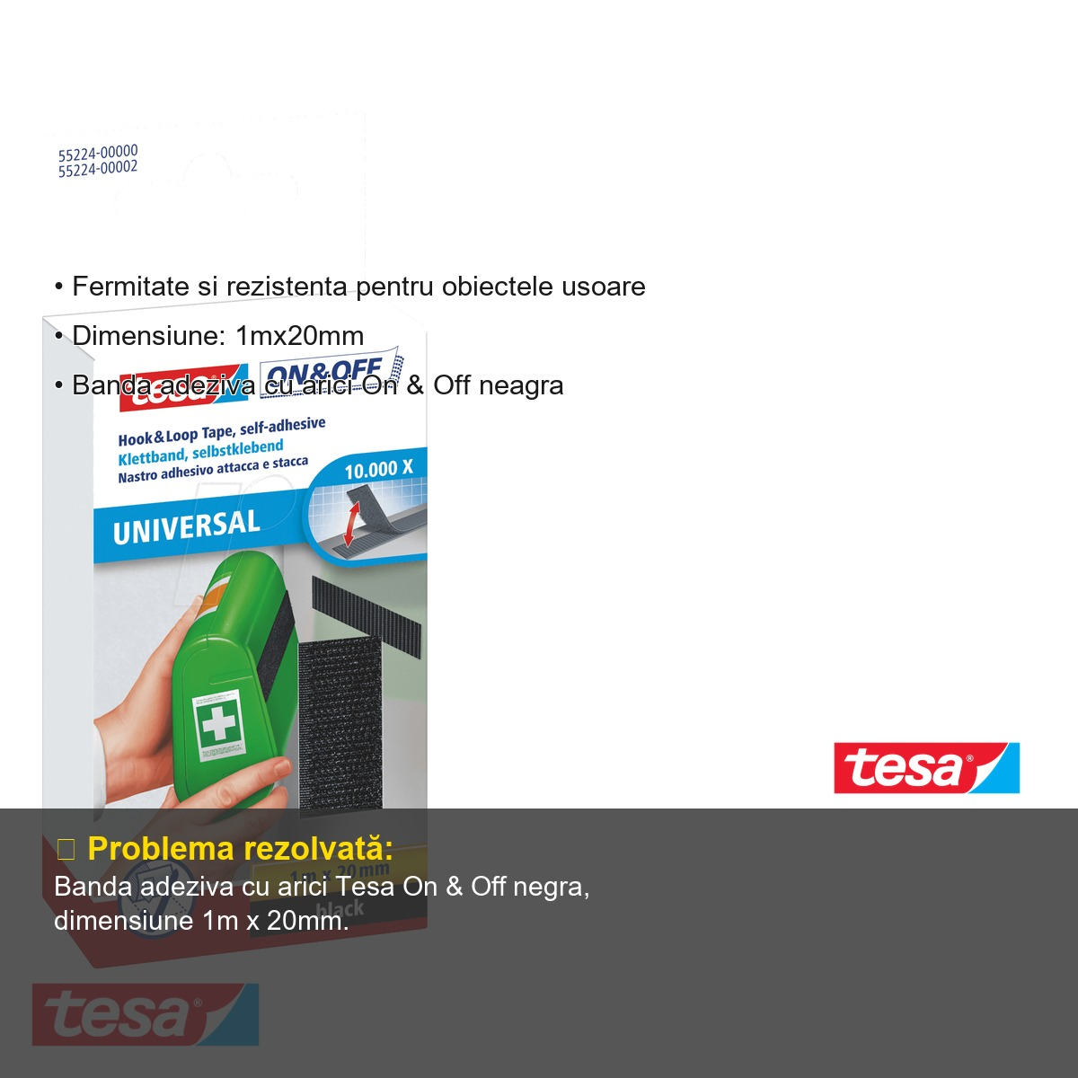 Banda adeziva cu arici Tesa On & Off, negra, reutilizabila, pentru textile si imbracaminte, 1m x 20mm [5]