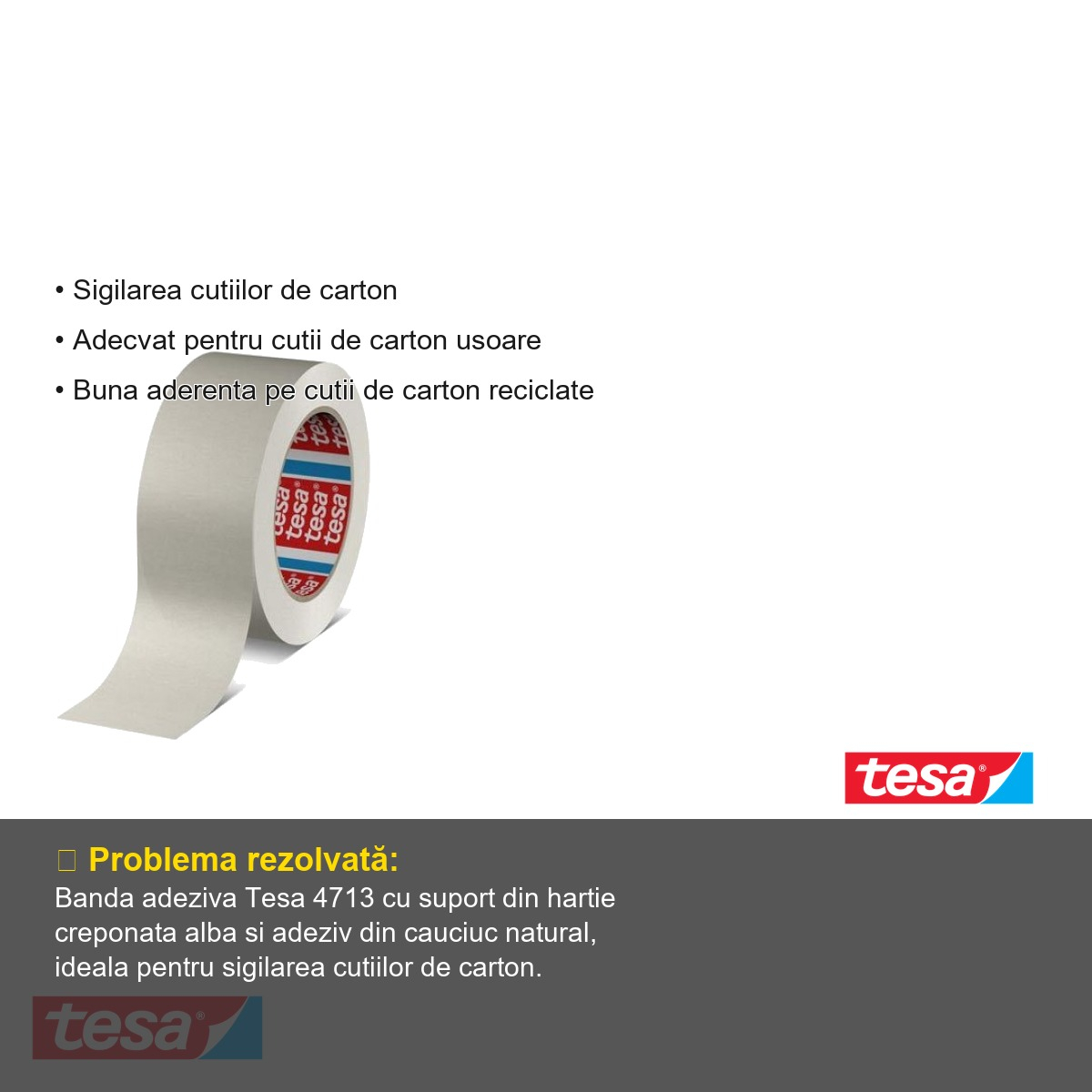 Banda adeziva de ambalare Tesa 4713, hartie creponata alba, rola 50m x 50mm, compatibila reciclare [5]