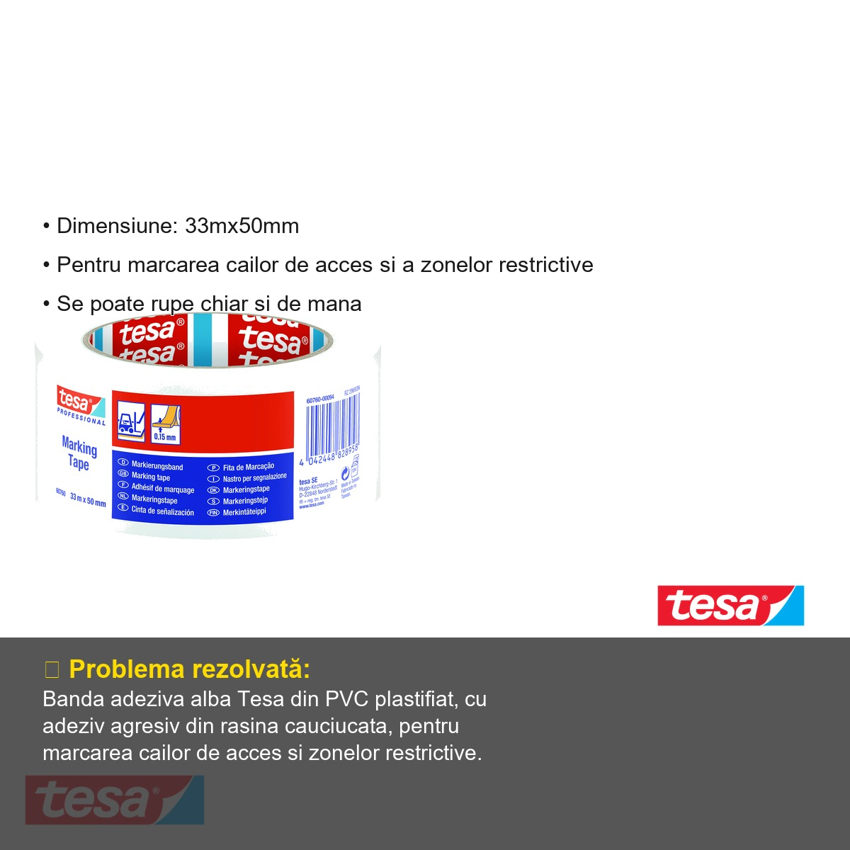 Banda adeziva de marcare alba Tesa, PVC plastifiat, adeziv cauciuc natural, 33m x 50mm, pentru cai de acces si zone restrictive [5]