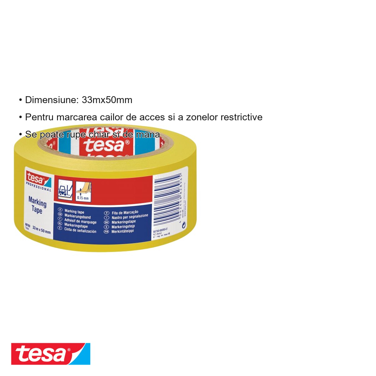 Banda adeziva de marcare galbena Tesa, PVC plastifiat, adeziv cauciuc natural, 50mm x 33m [6]