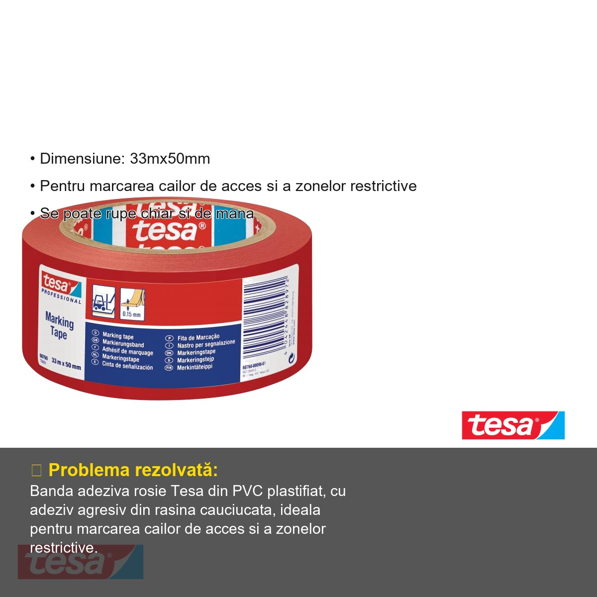 Banda adeziva de marcare rosie Tesa, PVC plastifiat, adeziv cauciucat, 33m x 50mm, pentru cai de acces si zone restrictive [5]