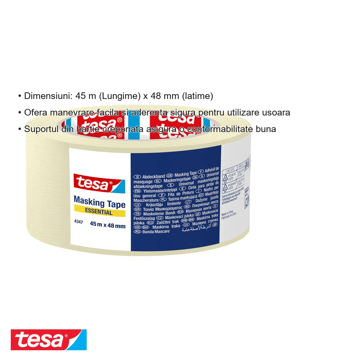Banda adeziva de mascare Tesa, hartie creponata cu adeziv cauciuc natural, 48mm x 45m, pentru interior [3]