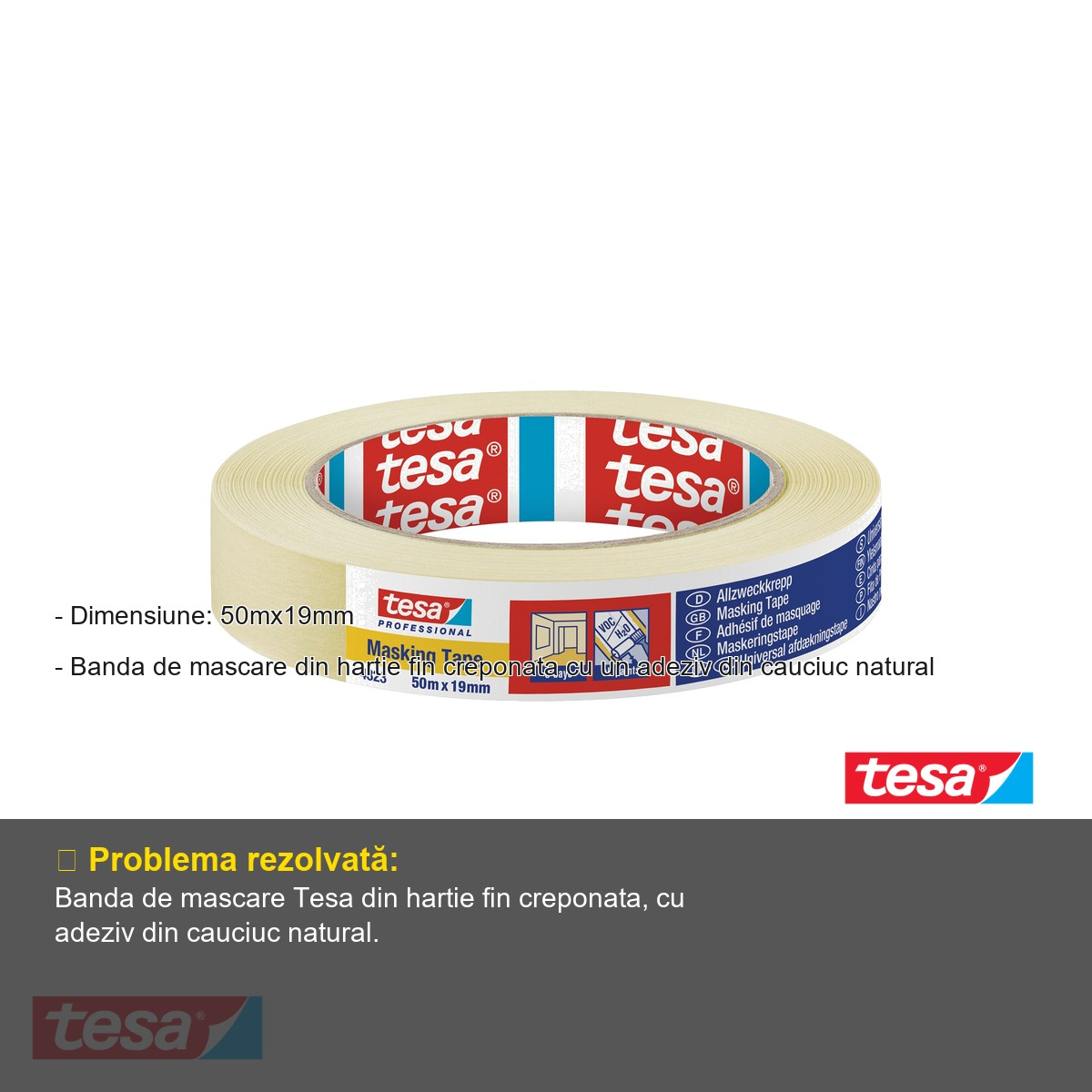 Banda adeziva de mascare Tesa, hartie fin creponata cu adeziv cauciuc natural, 50m x 19mm, uz general [2]