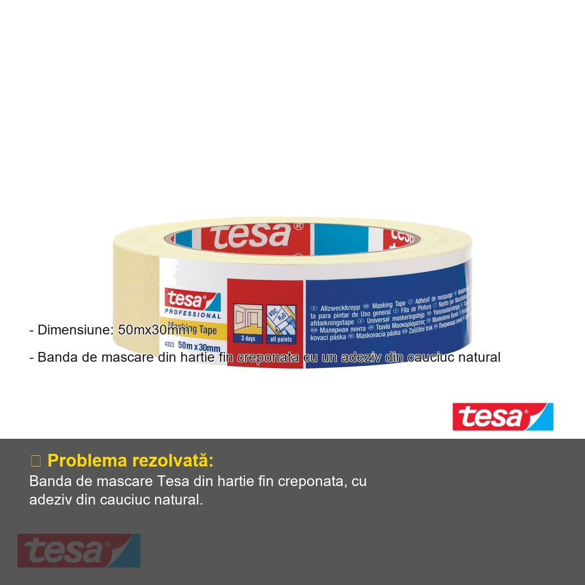 Banda adeziva de mascare Tesa, hartie fin creponata cu adeziv cauciuc natural, 50m x 30mm, uz general [2]