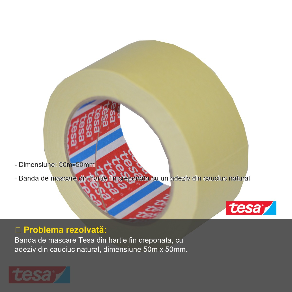 Banda adeziva de mascare Tesa, hartie fin creponata cu adeziv cauciuc natural, 50m x 50mm, uz general [4]
