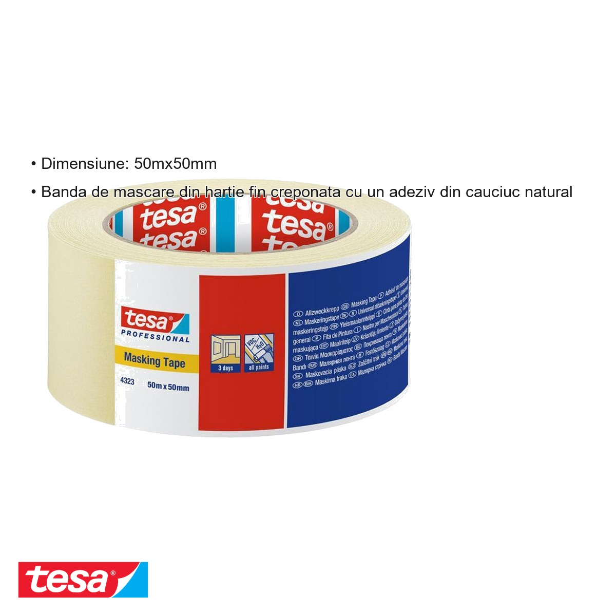 Banda adeziva de mascare Tesa, hartie fin creponata cu adeziv cauciuc natural, 50m x 50mm, uz general [6]