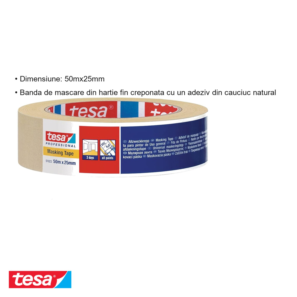 Banda adeziva de mascare Tesa, hartie fin creponata cu adeziv din cauciuc natural, 50m x 25mm, uz general [3]